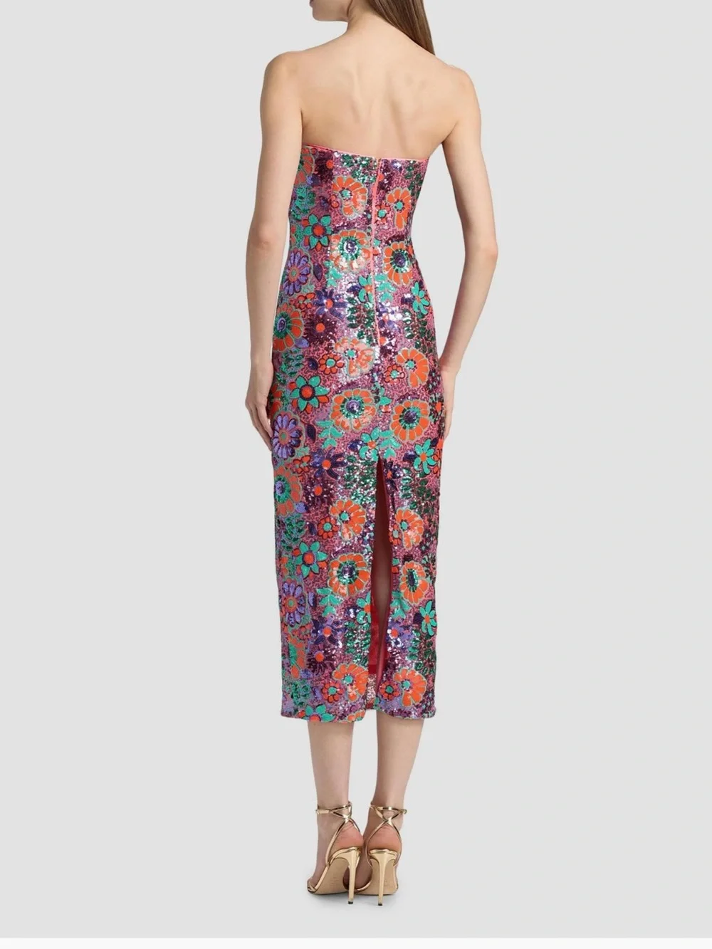 Ramy Brook Strapless Floral Sequin Midi Dress in Pink, Orange & Green